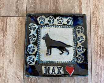 Handmade ceramic pottery square tray with German Shepherd and paws/customized name