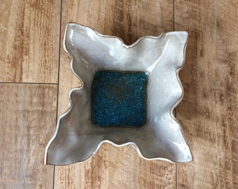 Pottery square bowl white with Blue glass on the bottom