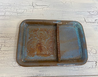 Handmade divided ceramic pottery tray with paisley design