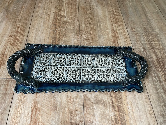 Handmade pottery ceramic tray with braided handles
