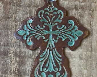 Handmade ceramic pottery cross Christmas ornament