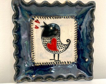 Handmade pottery ceramic blue bird square plate tray