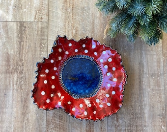 Handmade pottery ceramic red dots mushroom bowl