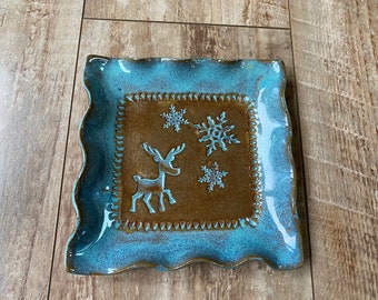 Handmade pottery ceramic square turquoise tray with reindeer and snowflakes Christmas tray