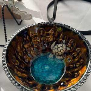 Handmade pottery ceramic bowl with turtle