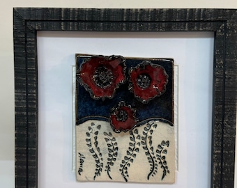 Handmade pottery ceramic red poppy flowers framed 3D