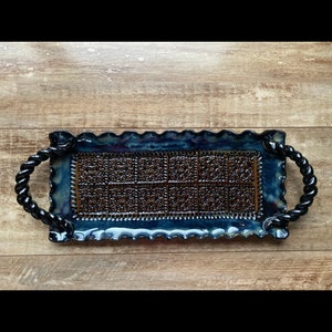 Handmade pottery hearts tray with braided handles