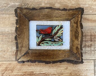 3D Ceramic red cardinal bird framed