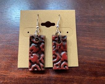 Handmade pottery earrings red and black with sterling silver hooks