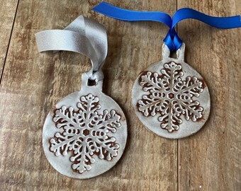 Handmade pottery Christmas ornament white snowflakes