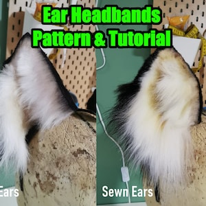 Puede incluir: Dos pares de orejas de piel sintética, una cosida y otra sin coser, se muestran en una cabeza de maniquí. Las orejas son negras, blancas y marrones. El texto "Ear Headbands Pattern & Tutorial" se muestra encima de la imagen. El texto "No-Sew Ears" está debajo de las orejas sin coser y "Sewn Ears" está debajo de las orejas cosidas.