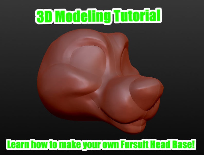 May include: 3D Modeling Tutorial: Learn how to make your own Fursuit Head Base! A 3D model of a furry animal head base is shown in a side view. The head is a light brown color and has a simple, cartoonish style.