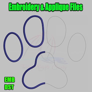 Può includere: File di ricamo e applique per un design di impronta di zampa. L'impronta di zampa è delineata in blu e il testo EMB e DST è visibile nell'angolo in basso a sinistra.