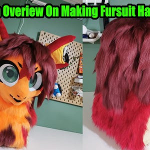 May include: Two views of a fursuit head with red, orange, and yellow fur. The head has large green eyes and a smiling expression. The text "An Overview On Making Fursuit Hair" is at the top of the image.