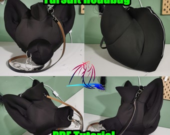 May include: A black fursuit headbag with a strap and a zipper. The headbag is shaped like a head with ears. The text "Fursuit Headbag" and "PDF Tutorial" are visible in the image.