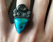 Beautiful and Unique Vintage Sleeping Beauty Turquoise and Black Sapphire Ring, Floral Design, Sleeping Beauty Turquoise Ring, TurquoiseRing