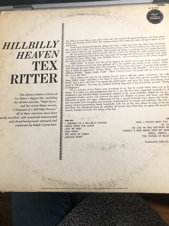 1961 Hillbilly Heaven by Tex Ritter LP Vinyl Record, Tex Ritter