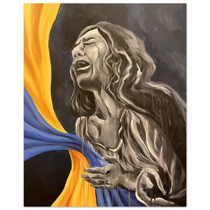 May include: A painting depicting a grayscale figure with an open mouth and expressive facial features, draped in flowing fabric. The composition features vibrant yellow and blue vertical ribbons against a dark, moody background with paint drips.