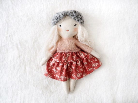 Petite doll white mohair hair and pink sweater handmade heirloom toy
