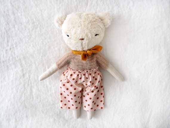 Petite bear doll organic fur mohair sweater handmade heirloom toy
