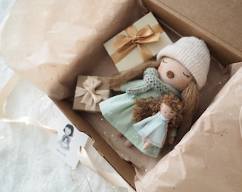 Christmas box dollhouse doll with gifts handmade and unique