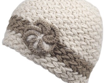 Alpaca Hat Braided "Florcita" Hand Made Fair Trade Bolivia Organic 100% Alpaca - winter hat White/Tan