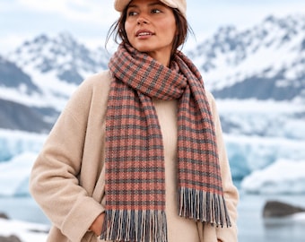Handwoven Alapaca  Plaid Scarf | Lightweight Artisan Scarf | Rust Red, Gray & Cream | Fine Weave with Fringe | Small-Batch Fashion Accessory