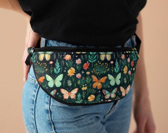 Dog Walker Fanny Pack, Wild Flower, Pastel Butterflies, Cross Body Waist Bag, Cottagecore Hands Free Zippered Pouch, Super Cute Functional