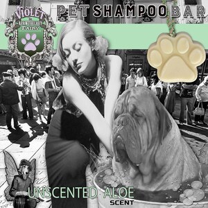 May include: A pet shampoo bar in the shape of a paw print, hanging from a green and white string. The bar is a light beige color. The image also includes the text "PET SHAMPOO BAR" and "UNSCENTED ALOE SCENT".