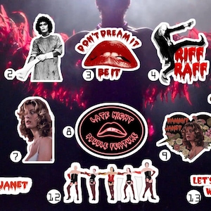 May include: A collection of thirteen stickers featuring characters and iconic imagery from The Rocky Horror Picture Show, including red lips, text like Don't Dream It Be It, Late Night Double Feature, Damn It Janet, and Let's Do The Time Warp Again.
