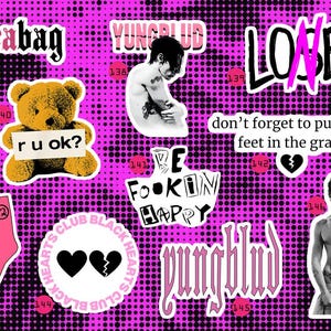 May include: A collage on a pink background with black polka dots. It features various stickers with text like "fleabag", "YUNGBLUD", and "LOSER". Other stickers include a teddy bear, socks, and a broken heart. The overall theme is a mix of pop culture and emo aesthetics.