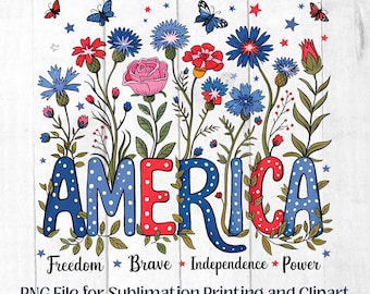Floral America Patriotic Digital Download – Red White Blue 4th of July, Americana Patriotic Sublimation and Clip Art - Download Digital File