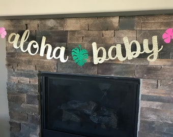 Gold Glitter Aloha Baby Banner: Tropical Baby Shower Decor
