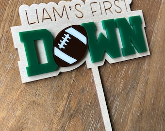 Football First Birthday Cake Topper: Engraved Wood, Personalized