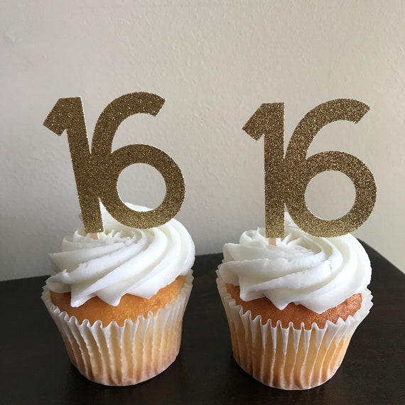 16 Cupcake Toppers Sweet 16 Cupcake Toppers Glitter 16 Etsy