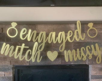 Custom Glitter Engagement Banner: Script Font, Personalized Names