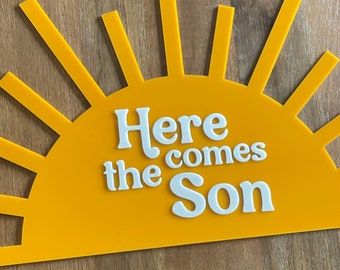 Here comes the son acrylic sign, here comes the son decor, baby shower decorations, baby boy shower, 70s baby shower, baby boy announcement