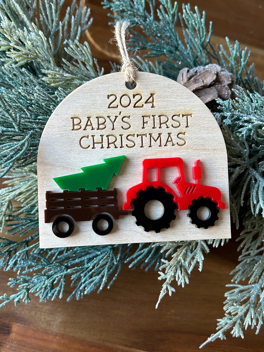 Baby's First Christmas Tractor Ornament Personalized Name Lasercut Birch & Acrylic Keepsake Etsy