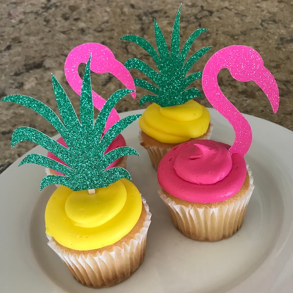 Flamingo cupcake toppers, pineapple cupcake toppers, tropical cupcake toppers, aloha cupcake toppers, pineapple picks, flamingo bachelorette