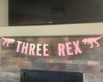 Girl Three Rex Banner: Green Glitter Dinosaur 3rd Birthday