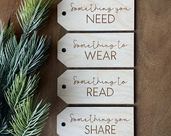 Want Need Wear Read Gift Tags, Engraved Gift Tags, Wooden Gift Tags, Something You Want Tag, Christmas Gift Ideas, 4 gift rule, Gift Tag