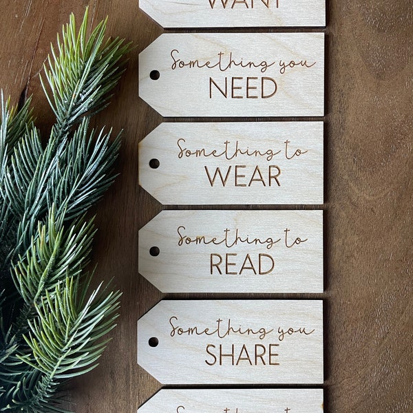 Want Need Wear Read Gift Tags, Engraved Gift Tags, Wooden Gift Tags, Something You Want Tag, Christmas Gift Ideas, 4 gift rule, Gift Tag