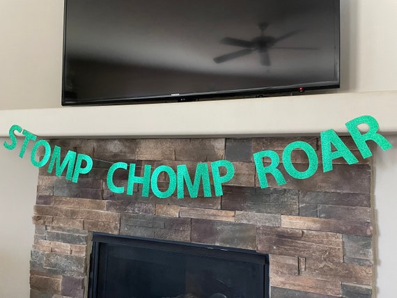 Stomp Chomp Roar Glitter Dinosaur Banner: 4th Birthday Party