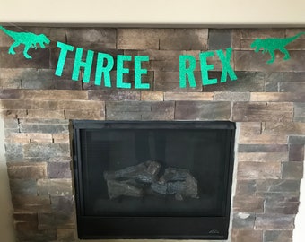 Three Rex Birthday Banner: Green Glitter Dinosaur Party Decor