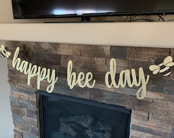 Happy Bee Day Glitter Banner: Bee Birthday Party Decor