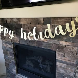 Gold Glitter Happy Holidays Banner: Script Font Mantel Decor