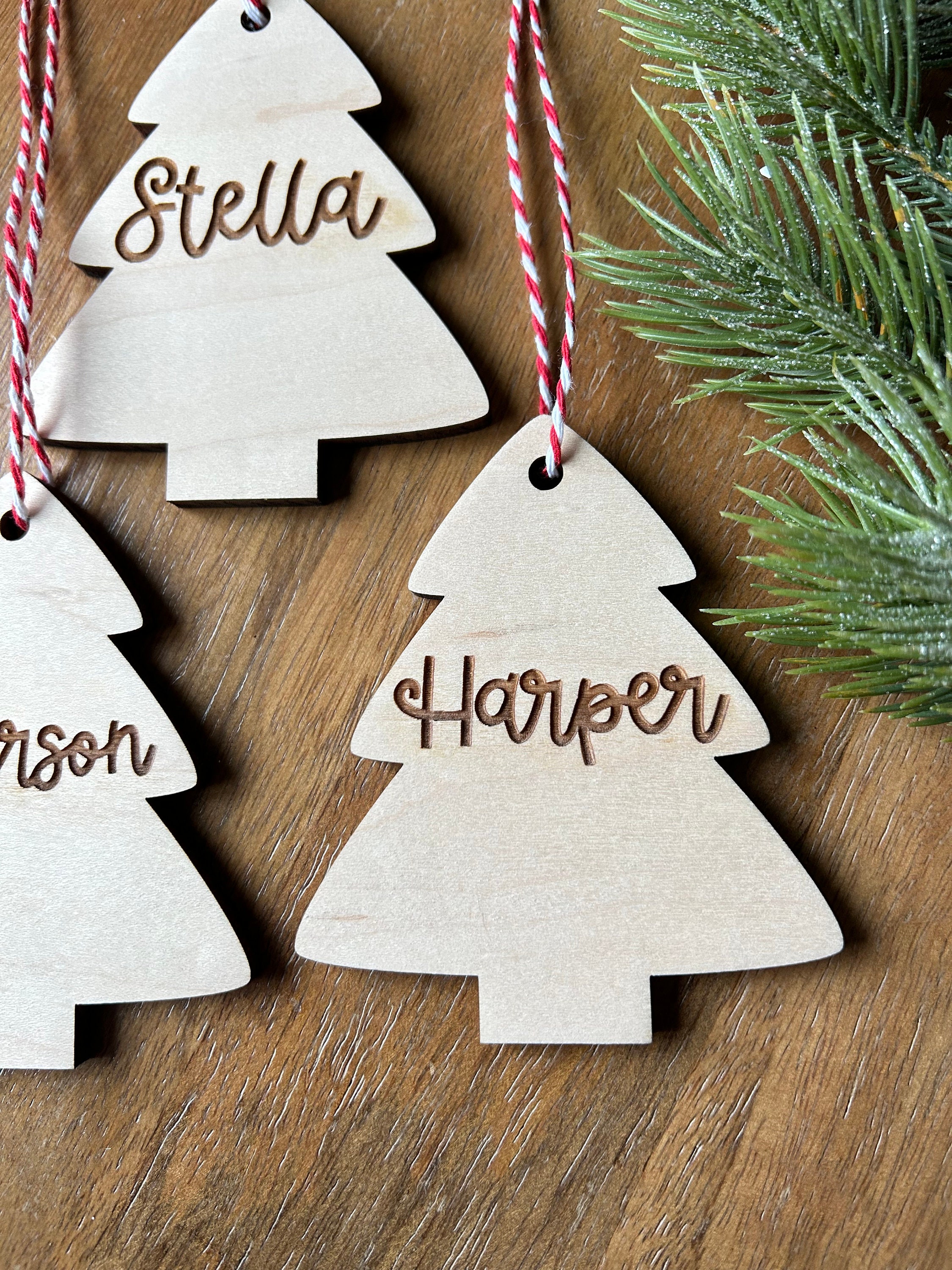 Whimsical Personalized Christmas Tree Wood Ornaments | Wood Name Place Card  | Gift Tag
