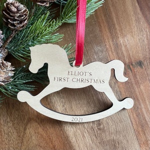 Rocking Horse Ornament, Baby’s first Christmas personalized ornament, baby&#39;s first Christmas, wooden rocking horse ornament, 2024 baby