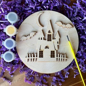 Letrero de casa embrujada sin terminar, kit de pintura de madera para hacer uno mismo, letrero de madera sin terminar, actividad de pintura, manualidad para hacer uno mismo, manualidad de Halloween para hacer uno mismo, kit de pintura para Halloween