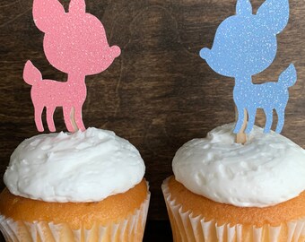 MonMon & Craft Cupcake-Topper Für Babyparty – 24 Stück Glitzer-Aufsätze Für Gender Reveal (Blaue Oder Rosa Hirsch-Motive)